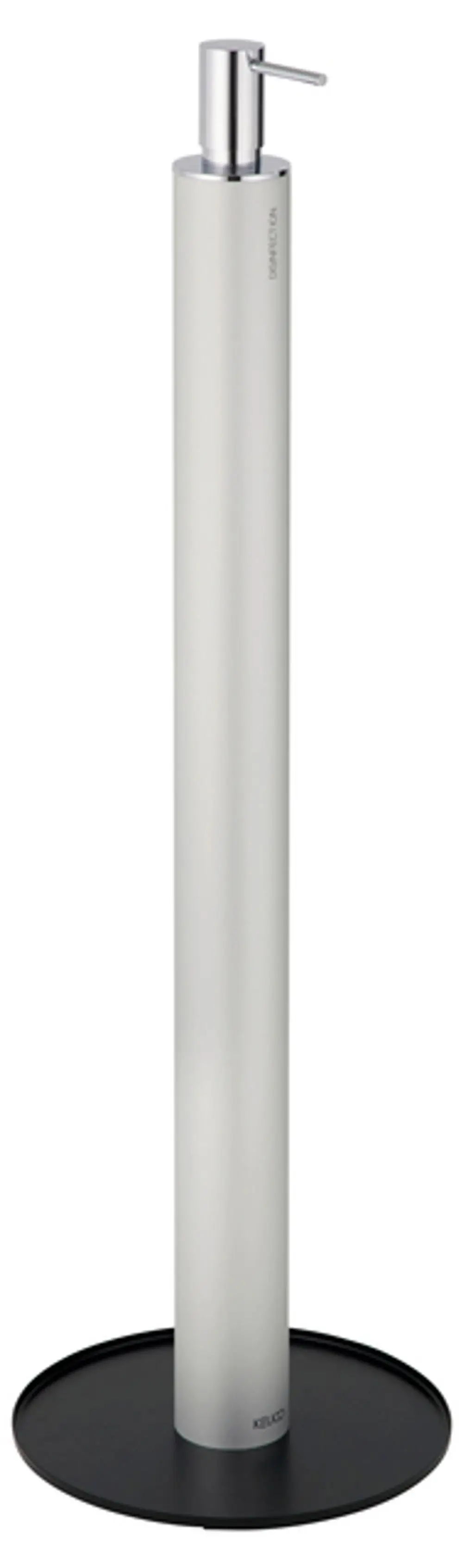 Stand Desinfektionsmittelspender von Keuco in silber-eloxiertem Material mit verchromter Pumpe, auf rundem schwarzem Standfuß.